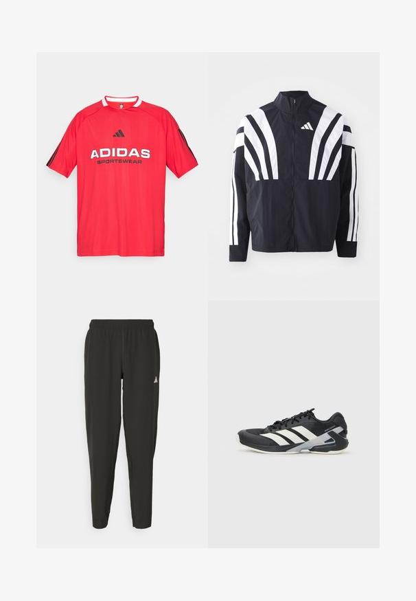 Fekete dzseki magas gallérral, teljes cipzárral és merész, fehér, átlós csíkokkal az ujjakon. Könnyű anyagból készült, sima tapintással.; Piros Adidas sportmez fekete logóval és felirattal, rövid ujjak, kerek nyakkivágás, fekete csíkokkal az oldalán, lélegző anyagból készült.; Fekete sportnadrág rugalmas derékrésszel, vékony szabással és fehér logóval a bal lábszáron. Sima, könnyű anyag.; Fekete sportcipő fehér csíkokkal, hálós felsőrész, kerek orr és párnázott talp. Texturált sarokkal és biztonságos fűzőrendszerrel rendelkezik.