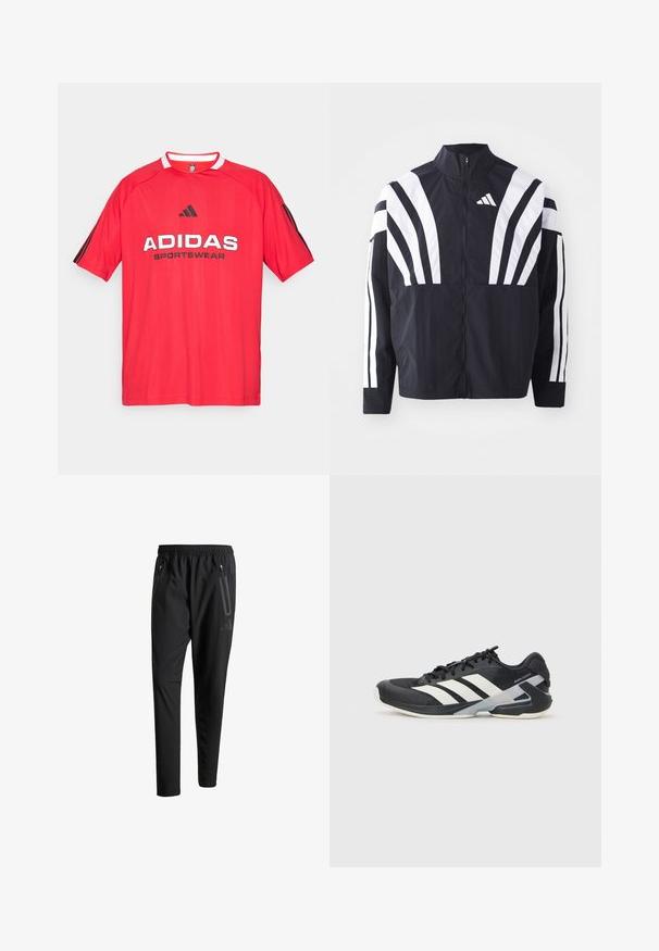 Mustat takki, jossa on korkea kaulus, täysivetoketju ja erittäin näkyvät valkoiset vinoraidat hihoissa. Valmistettu keveästä kankaasta, jolla on sileä rakenne.; Punainen Adidas-urheilupaidat, jossa on musta logo ja teksti, lyhyet hihat, pyöreä pääntie, mustat raidat sivuilla, valmistettu hengittävästä kankaasta.; Mustat urheiluhousut, joissa on joustava vyötärö, kaksi vetoketjullista sivutaskua, kapenevat lahkeet ja hillitty logokuvaus lonkalla.; Mustat urheilukengät valkoisilla raidoilla, verkkomateriaalia ylhäällä, pyöristetty kärki ja pehmustettu pohja. Varustettu teksturoidulla kantapäällä ja turvallisella nauhoitusjärjestelmällä.
