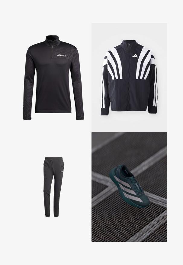 Casaco preto com colarinho alto, fecho completo e listras diagonais brancas em bold nas mangas. Feito de um tecido leve com uma textura suave.; adidas Terrex TERREX MULTI HALF ZIP LONGSLEEVE TEE - Camisola de manga comprida - black; Pantalones atléticos pretos feitos de tecido leve, com um cós elástico, bolsos laterais, pernas ajustadas e um detalhe de logotipo.; Sapatilha desportiva em verde-azulado escuro, com um cabedal texturizado, apresentando três riscas brancas, um bico arredondado e uma sola almofadada.