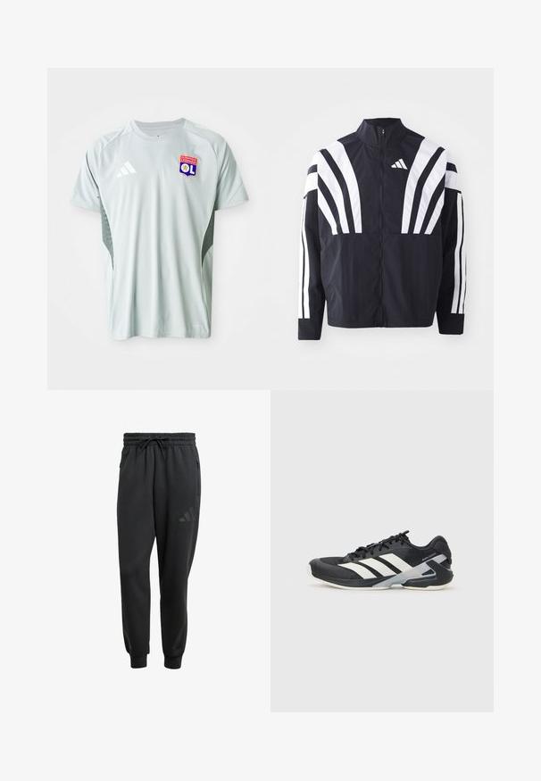 Fekete dzseki magas gallérral, teljes cipzárral és merész, fehér, átlós csíkokkal az ujjakon. Könnyű anyagból készült, sima tapintással.; Világosszürke, rövid ujjú futballpóló, amelyen kerek nyakú kivágás, Adidas logó és Olympique Lyonnais címere található elöl, valamint texturált oldalakkal rendelkezik.; Fekete melegítőnadrág, elasztikus derékpánttal, zsinóros zárással, oldalsó cipzáros zsebekkel és diszkrét logóval a bal combon.; Fekete sportcipő fehér csíkokkal, hálós felsőrész, kerek orr és párnázott talp. Texturált sarokkal és biztonságos fűzőrendszerrel rendelkezik.