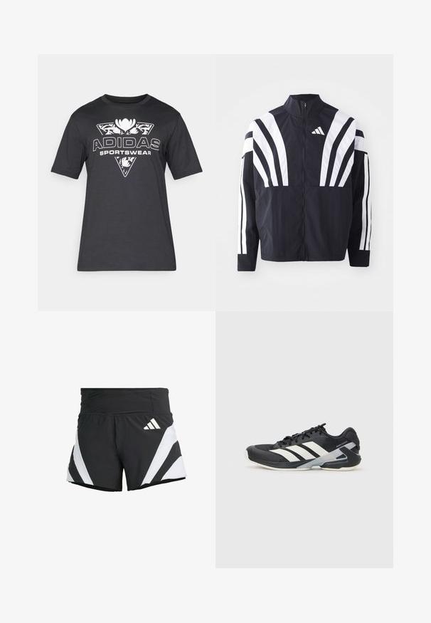 Svart jakke med høy krage, hel glidelås og markante hvite skråstriper på ermene. Laget av lett stoff med en glatt tekstur.; Svart Adidas t-skjorte med kort erm og hvit blomstermønster i trekantform med teksten "ADIDAS SPORTSWEAR" på brystet.; adidas Performance ADIZERO A M - Sports shorts - black; Svart treningssko med hvite striper, mesh-overdel, avrundet tå og polstret såle. Har en teksturert hæl og et sikkert snøresystem.