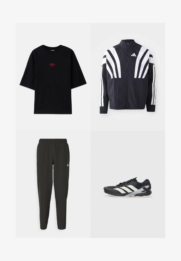 Svart jacka med hög krage, full dragkedja och djärva vita diagonala ränder på ärmarna. Tillverkad av lätt tyg med en slät struktur.; Svart bomull T-shirt med korta ärmar och rundad halsringning. Har en röd "SNAKE CHARMER" grafik på bröstet.; Svarta träningsbyxor med elastisk midja, slim fit och vitt logotyp på vänster ben. Slät, lättviktsmaterial.; Svart atletisk sko med vita ränder, mesh-övre, rund tå och dämpad sula. Har en strukturerad häl och ett säkert snörningssystem.