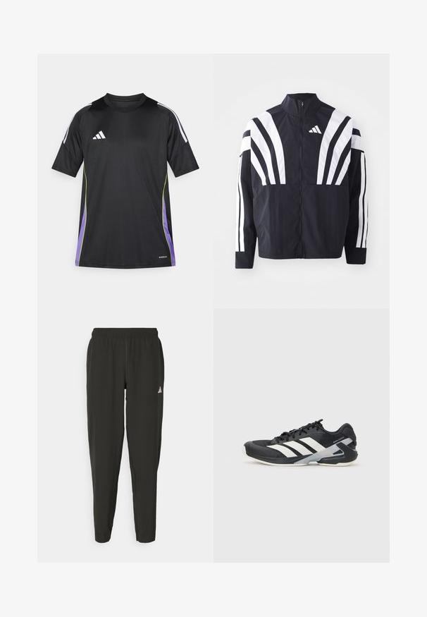 Fekete dzseki magas gallérral, teljes cipzárral és merész, fehér, átlós csíkokkal az ujjakon. Könnyű anyagból készült, sima tapintással.; Fekete sportpóló rövid ujjal, fehér csíkokkal a vállakon, zöld és lila akcentusokkal, valamint hímzett logóval a mellrészen.; Fekete sportnadrág rugalmas derékrésszel, vékony szabással és fehér logóval a bal lábszáron. Sima, könnyű anyag.; Fekete sportcipő fehér csíkokkal, hálós felsőrész, kerek orr és párnázott talp. Texturált sarokkal és biztonságos fűzőrendszerrel rendelkezik.