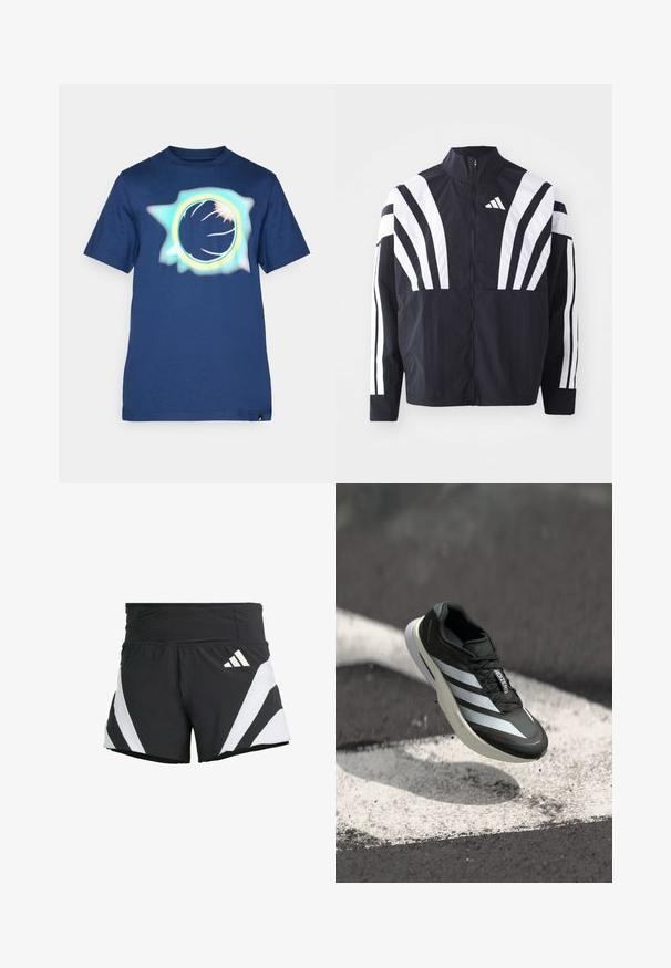 Chaqueta negra con cuello alto, cremallera completa y llamativas franjas diagonales blancas en las mangas. Fabricada en tejido ligero con una textura suave.; Camiseta de algodón azul marino con un diseño gráfico circular en tonos azul claro y naranja, con un efecto texturizado de aerosol.; adidas Performance ADIZERO A M - Pantalón corto de deporte - black; Zapato deportivo negro con tres franjas blancas, parte superior texturizada, diseño elegante y suela curvada, posicionado sobre una línea blanca en el asfalto.