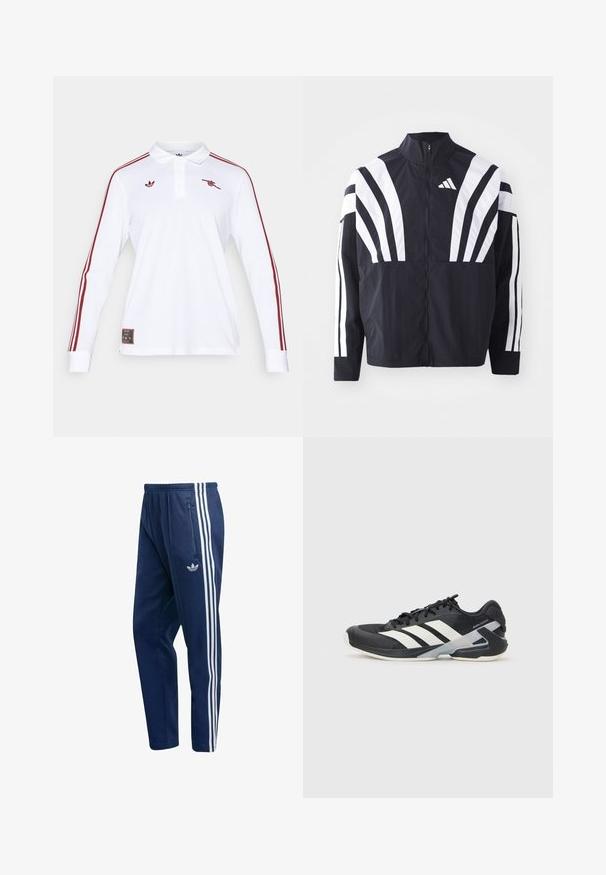 Melna jakas ar augstu apkakli, pilnu rāvējslēdzēju un drosmīgām baltām diagonālām svītrām uz piedurknēm. Izgatavota no viegla auduma ar gludu tekstūru.; adidas Originals ARSENAL FC ICON LONG SLEEVE POLO - Kluba apģērbs - white; Tumši zili sporta bikses no maigas auduma ar trim baltām vertikālām svītrām sānos un kabatu ar rāvējslēdzēju labajā gurnā.; Melnas sporta kurpes ar baltām svītrām, acs augšdaļa, noapaļots pirksts un mīksts zole. Iespējams ar teksturētu papēdi un drošu šņoru sistēmu.