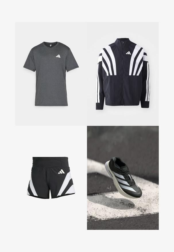Fekete dzseki magas gallérral, teljes cipzárral és merész, fehér, átlós csíkokkal az ujjakon. Könnyű anyagból készült, sima tapintással.; Sötétszürke sportpóló lélegző anyagból, rövid ujjakkal és fehér logóval a bal mellen. Texturált felület.; adidas Performance ADIZERO A M - Sport rövidnadrágok - black; Fekete sportcipő, három fehér csíkkal, texturált felsőrész, elegáns dizájn és ívelt talp, egy fehér vonal felett aszfalton elhelyezve.