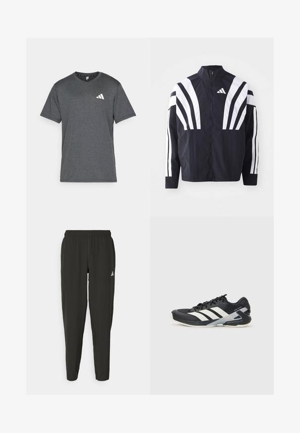 Juodas švarkas su aukštu kaklu, pilnu užtrauktuku ir ryškiomis baltomis įstrižomis juostelėmis ant rankovių. Pagamintas iš lengvos medžiagos su lygiu paviršiumi.; Tamsiai pilkas sportinis marškinėliai, pagaminti iš orui pralaidaus audinio, su trumpomis rankovėmis ir baltu logotipo akcentu kairėje krūtinės pusėje. Struktūruotas paviršius.; Juodos sportinės kelnės su elastingu liemeniu, siauro kirpimo, baltu logotipu kairėje kojoje. Lygus, lengvas audinys.; Juoda sportinė avalynė su baltais dryžiais, tinklinis viršus, apvalus pirštas ir paminkštinta padais. Yra tekstūruota kulno dalis ir saugi raištelių sistema.