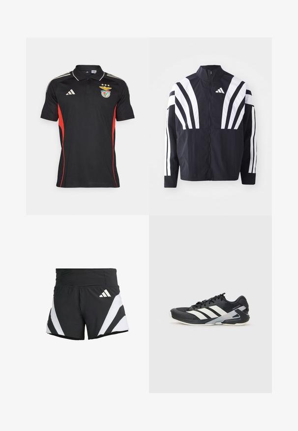 Schwarze Jacke mit hohem Kragen, durchgehendem Reißverschluss und kräftigen weißen diagonalen Streifen an den Ärmeln. Aus leichtem Stoff mit glatter Textur gefertigt.; Schwarzes Poloshirt mit roten Seitenpaneelen, Adidas-Logo und Vereinswappen mit goldenen Sternen. Hergestellt aus atmungsaktivem, strukturiertem Stoff.; adidas Performance ADIZERO A M - Kurze Sporthose - black; Schwarzer Sportschuh mit weißen Streifen, Obermaterial aus Mesh, runde Zehenform und gepolstertem Sohlenteil. Verfügt über eine strukturierte Ferse und ein sicheres Schnürsystem.