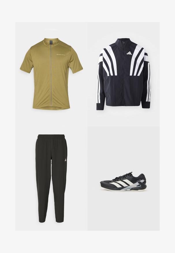 Schwarze Jacke mit hohem Kragen, durchgehendem Reißverschluss und kräftigen weißen diagonalen Streifen an den Ärmeln. Aus leichtem Stoff mit glatter Textur gefertigt.; Radtrikot mit kurzen Ärmeln in Olivgrün, mit durchgehendem Reißverschluss. Hat einen Stehkragen und ein dezentes Logo auf der oberen linken Seite.; Schwarze Sporthosen mit elastischem Bund, slim fit und weißem Logo auf dem linken Bein. Glattes, leichtes Material.; Schwarzer Sportschuh mit weißen Streifen, Obermaterial aus Mesh, runde Zehenform und gepolstertem Sohlenteil. Verfügt über eine strukturierte Ferse und ein sicheres Schnürsystem.
