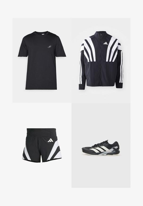 Černá bunda s vysokým límcem, plným zipem a výraznými bílými šikmými pruhy na rukávech. Vyrobena z lehké látky s hladkou texturou.; Černé bavlněné tričko s kulatým výstřihem, krátkými rukávy a malou bílou grafikou tenisky na levé části hrudi. Měkká textura, klasický střih.; adidas Performance ADIZERO A M - Sportovní kraťasy - black; Černá sportovní obuv s bílými pruhy, síťovaným svrškem, zaoblenou špičkou a polstrovanou podrážkou. Obsahuje texturovanou patu a bezpečný systém šněrování.