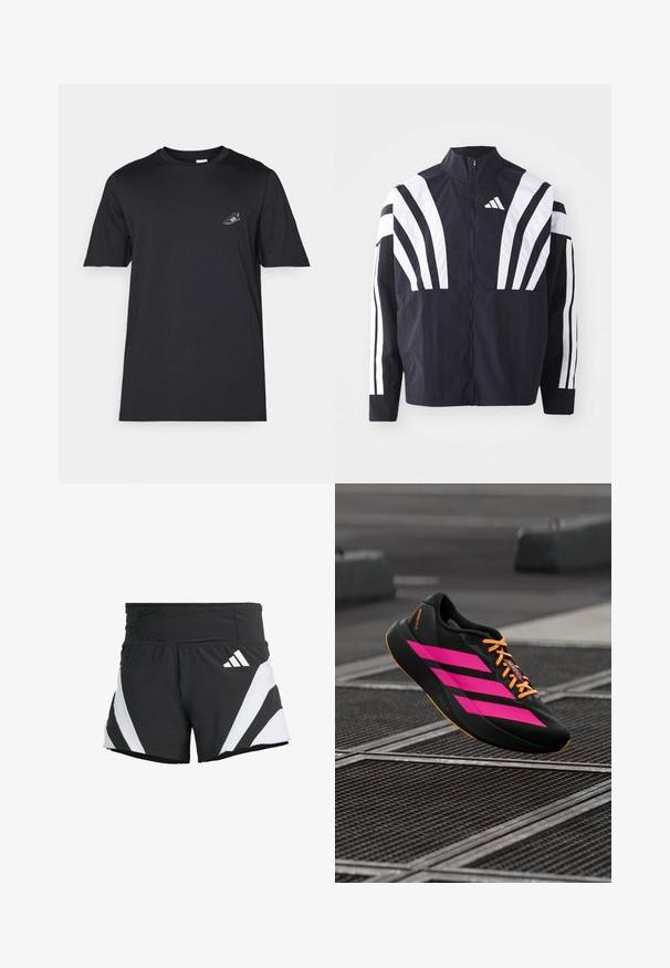 Black jacket featuring a high collar, full zip, and bold white diagonal stripes on sleeves. Made from lightweight fabric with a smooth texture.; Black cotton t-shirt with a crew neck, short sleeves, and a small white sneaker graphic on the left chest. Soft texture, regular fit.; adidas Performance ADIZERO A M - Sports shorts - black; Black and pink athletic running shoe with orange laces, floating above metal grates on an urban street surface.