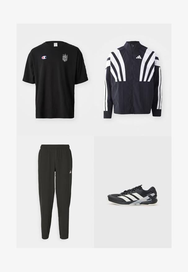 Casaco preto com colarinho alto, fecho completo e listras diagonais brancas em bold nas mangas. Feito de um tecido leve com uma textura suave.; T-shirt de algodão preta, com decote careca, apresentando um logótipo branco com "FOOTBALL CLUB" e duas estrelas acima. O peito esquerdo exibe um emblema vermelho e azul.; Calças de atletismo pretas com cintura elástica, corte justo e logotipo branco na perna esquerda. Tecido liso e leve.; Sapata atlética preta com riscas brancas, parte superior em malha, biqueira arredondada e sola acolchoada. Apresenta um calcanhar texturizado e um sistema de atacadores seguro.