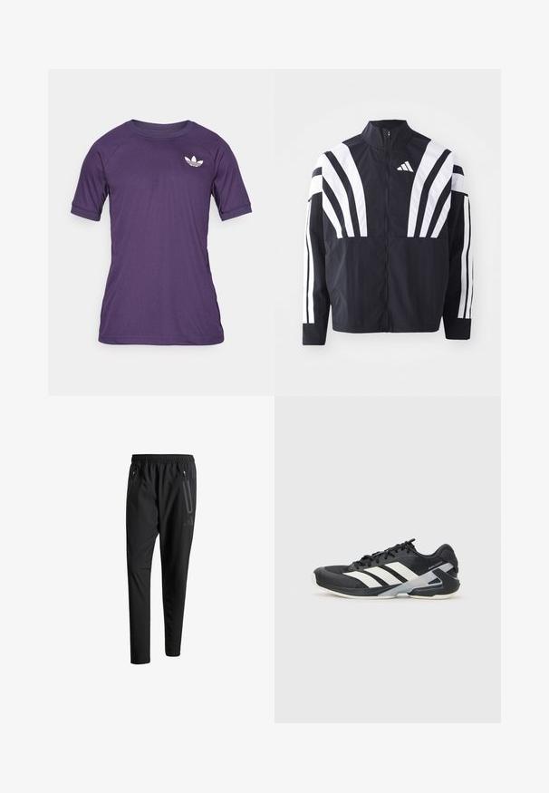 Mustat takki, jossa on korkea kaulus, täysivetoketju ja erittäin näkyvät valkoiset vinoraidat hihoissa. Valmistettu keveästä kankaasta, jolla on sileä rakenne.; Violetti urheilupaita lyhyillä hihoilla, jossa on pyöreä kaula-aukko ja valkoinen logo vasemmassa rinnassa. Sujuva, kevyt kangas.; Mustat urheiluhousut, joissa on joustava vyötärö, kaksi vetoketjullista sivutaskua, kapenevat lahkeet ja hillitty logokuvaus lonkalla.; Mustat urheilukengät valkoisilla raidoilla, verkkomateriaalia ylhäällä, pyöristetty kärki ja pehmustettu pohja. Varustettu teksturoidulla kantapäällä ja turvallisella nauhoitusjärjestelmällä.