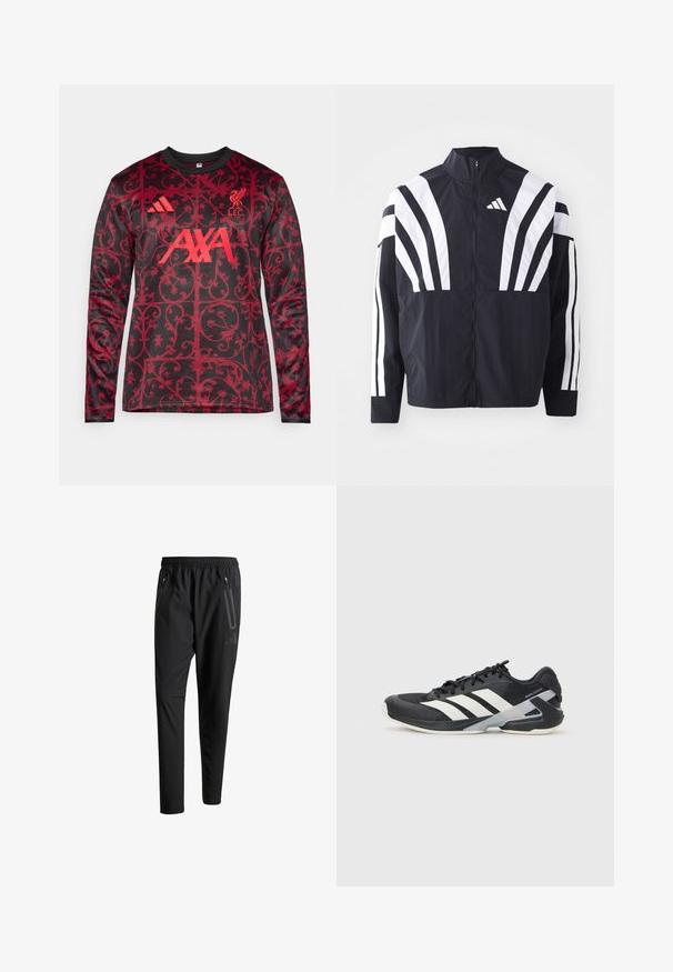 Giacca nera con colletto alto, zip completa e audaci strisce diagonali bianche sulle maniche. Realizzata in tessuto leggero con una texture morbida.; adidas Performance LIVERPOOL FC 25/26 PRE MATCH WARM TOP - Squadra - black/pure ruby; Pantaloni sportivi neri con vita elastica, due tasche laterali con cerniera, gambe affusolate e un sottile dettaglio del logo sull'anca.; Scarpa sportiva nera con strisce bianche, tomaia in rete, punta arrotondata e suola ammortizzata. Presenta un tallone testurizzato e un sistema di allacciatura sicuro.
