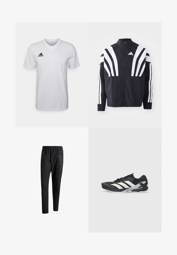 Svart jakke med høy krage, hel glidelås og markante hvite skråstriper på ermene. Laget av lett stoff med en glatt tekstur.; Hvit bomull t-skjorte med v-hals, korte ermer og svart Adidas-logo på venstre bryst. Enkel og lett design.; Svarte treningsbukser med elastisk liv, to glidelåslommer på sidene, avsmalnende ben og en subtil logo detalj ved hoften.; Svart treningssko med hvite striper, mesh-overdel, avrundet tå og polstret såle. Har en teksturert hæl og et sikkert snøresystem.