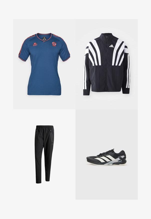 Black jacket featuring a high collar, full zip, and bold white diagonal stripes on sleeves. Made from lightweight fabric with a smooth texture.; Blue athletic shirt with red accents, features a v-neck, short sleeves, and embroidered logos on the chest and shoulder. Soft fabric texture.; Black athletic pants with an elastic waistband, two zippered side pockets, tapered legs, and a subtle logo detail on the hip.; Black athletic shoe with white stripes, mesh upper, rounded toe, and cushioned sole. Features a textured heel and secure lacing system.