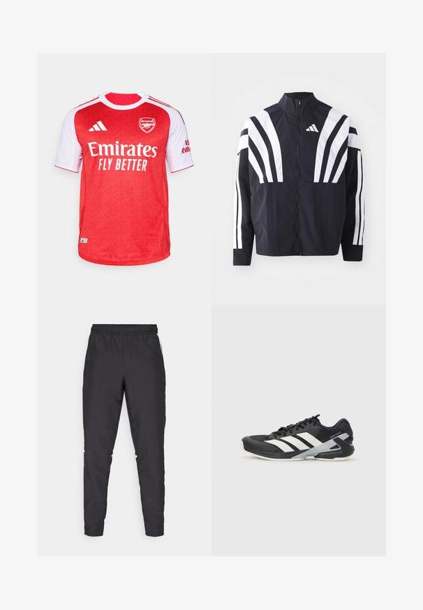 Jachetă neagră cu guler înalt, fermoar complet și dungi diagonale albe îndrăznețe pe mâneci. Fabricată dintr-un material ușor, cu o textură netedă.; Tricou de fotbal Arsenal, roșu și alb, cu mâneci scurte, având un model texturat, logo-ul "Emirates Fly Better" și benzi Adidas.; Pantaloni de sport negri cu talie elastică, picioare conice și accente laterale albe. Fabricat din material sintetic cu o textură netedă.; Pantofii sport negri cu dungi albe, superior din plasă, vârf rotunjit și talpă îmbunătățită pentru amortizare. Au o călcătură texturată și un sistem de șireturi securizat.