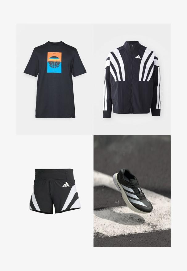 Jachetă neagră cu guler înalt, fermoar complet și dungi diagonale albe îndrăznețe pe mâneci. Fabricată dintr-un material ușor, cu o textură netedă.; Tricou negru cu mânecă scurtă, având un grafic central: un dreptunghi portocaliu și albastru, cu o ilustrație de baschet și textul „ADIDAS BASKETBALL.”; adidas Performance ADIZERO A M - Pantaloni scurți sport - black; Pantof de sport negru cu trei dungi albe, parte superioară texturată, design elegant și talpă curbată, așezat deasupra unei linii albe pe asfalt.