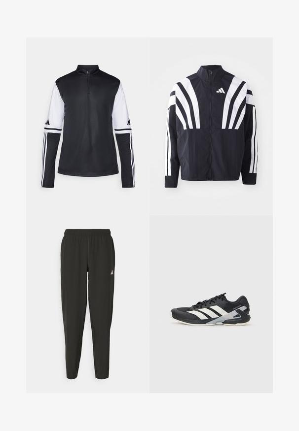 Zwarte jasje met een hoge kraag, volledige rits en gedurfde witte diagonale strepen op de mouwen. Gemaakt van lichtgewicht stof met een gladde textuur.; Zwart-wit sportshirt met lange mouwen en een kwart-rits kraag, met drie strepen op de mouwen en logo-accenten. Glad stofoppervlak.; Zwarte sportbroek met een elastische tailleband, slim fit en een wit logo op het linkerbeen. Soepele, lichte stof.; Zwarte sportschoen met witte strepen, bovenwerk van mesh, ronde neus en geveerde zool. Heeft een getextureerde hak en een veilig vetersysteem.