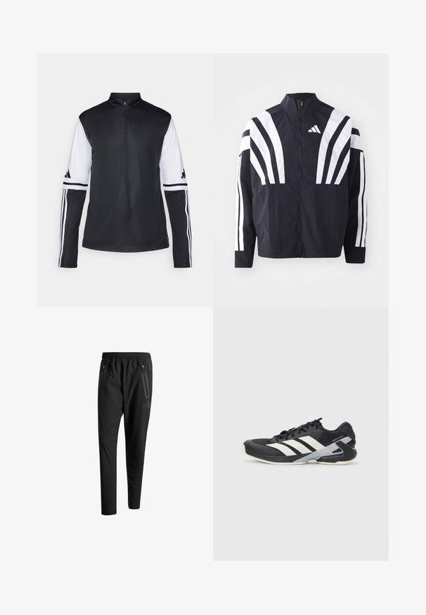Casaco preto com colarinho alto, fecho completo e listras diagonais brancas em bold nas mangas. Feito de um tecido leve com uma textura suave.; Camisa atlética de manga longa em preto e branco com colarinho em zip de um quarto, apresentando três riscas nas mangas e acentos de logotipo. Textura de tecido suave.; Calças de treino pretas com uma cintura elástica, dois bolsos laterais com fecho, pernas ajustadas e um discreto detalhe de logotipo no quadril.; Sapata atlética preta com riscas brancas, parte superior em malha, biqueira arredondada e sola acolchoada. Apresenta um calcanhar texturizado e um sistema de atacadores seguro.