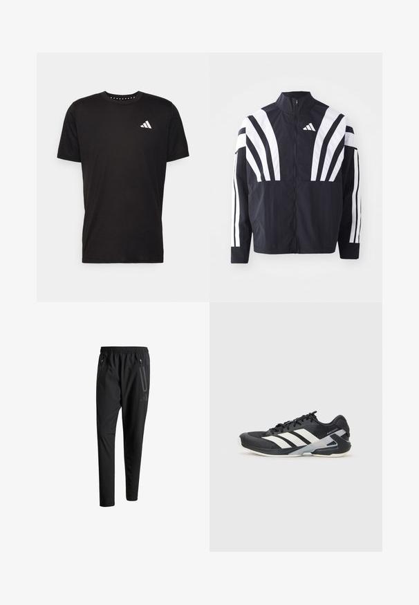 Černá bunda s vysokým límcem, plným zipem a výraznými bílými šikmými pruhy na rukávech. Vyrobena z lehké látky s hladkou texturou.; Černé bavlněné tričko s krátkým rukávem, kulatým výstřihem a bílým logem na levé hrudi. Hladká textura a jednoduchý design.; Černé sportovní kalhoty s elastickým pasem, dvěma zipovými bočními kapsami, zúženými nohavicemi a decentním logem na boku.; Černá sportovní obuv s bílými pruhy, síťovaným svrškem, zaoblenou špičkou a polstrovanou podrážkou. Obsahuje texturovanou patu a bezpečný systém šněrování.
