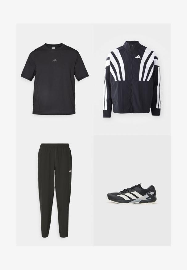 Giacca nera con colletto alto, zip completa e audaci strisce diagonali bianche sulle maniche. Realizzata in tessuto leggero con una texture morbida.; Maglietta sportiva nera realizzata in materiale traspirante, con maniche corte, colletto rotondo e logo riflettente sul petto.; Pantaloni sportivi neri con elastico in vita, taglio aderente e logo bianco sulla gamba sinistra. Tessuto liscio e leggero.; Scarpa sportiva nera con strisce bianche, tomaia in rete, punta arrotondata e suola ammortizzata. Presenta un tallone testurizzato e un sistema di allacciatura sicuro.