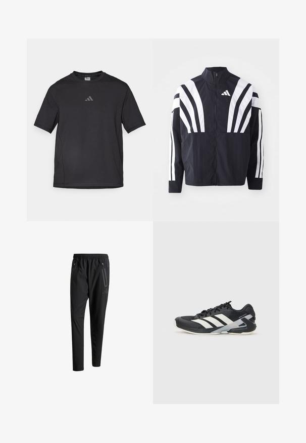 Mustrün mustaga, kõrge krae, täispikk tõmblukk ja julged valged diagonaalsed triibud varrukatel. Valmistatud kergest kangast, millel on sile tekstuur.; Must väga hästi hingavast materjalist must sportlik T-särk, millel on lühikesed varrukad, ümmargune kaelus ja peegeldav logo rinnal.; Mustavad spordipüksid elastse vöökoha, kahe tõmblukuga küljetasku, kitsenevate säärete ning õrna logodetailiga puusadel.; Mustad sportlik jalanõud mustade värvidega, valgete triipudega, võrgusilma pealmine osa, ümar varvas ja pehme tallaga. Omab tekstureeritud kontsa ja kindlat paeltesüsteemi.