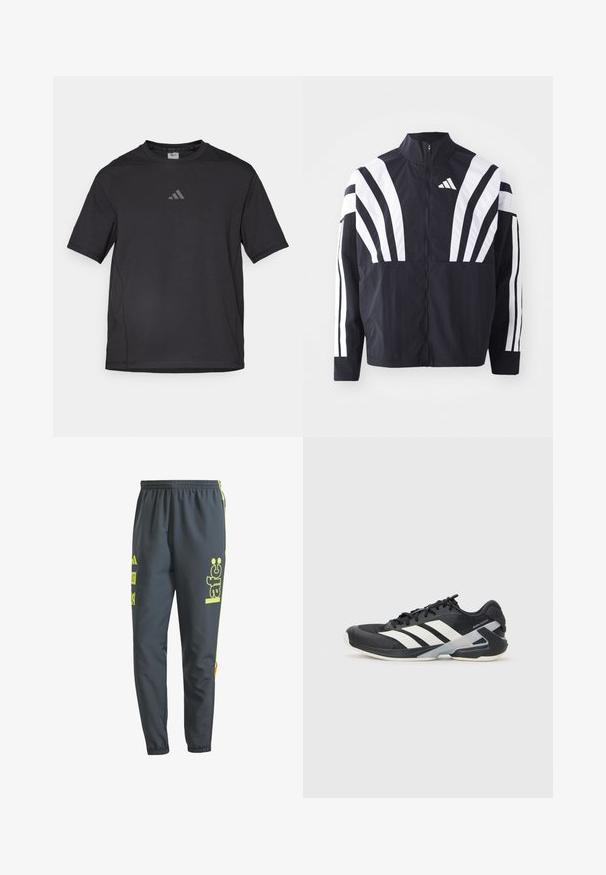 Svart jacka med hög krage, full dragkedja och djärva vita diagonala ränder på ärmarna. Tillverkad av lätt tyg med en slät struktur.; Svart atletisk t-shirt tillverkad av ett ventilerande material, med korta ärmar, rund hals och en reflexlogotyp på bröstet.; Mörkgrå träningsbyxor gjorda av lätt material. Har neon-gul branding och detaljer. Elastisk midja och design med avsmalnande ben.; Svart atletisk sko med vita ränder, mesh-övre, rund tå och dämpad sula. Har en strukturerad häl och ett säkert snörningssystem.