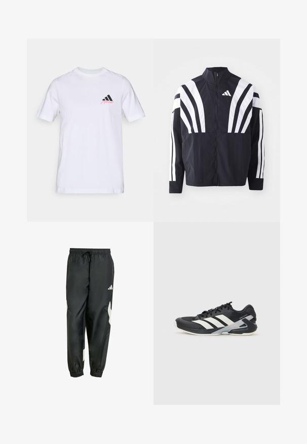 Zwarte jasje met een hoge kraag, volledige rits en gedurfde witte diagonale strepen op de mouwen. Gemaakt van lichtgewicht stof met een gladde textuur.; Witte katoenen t-shirt met een zwart drie-strepenlogo en 'Merkel' in het roze op de linkerborst. Klassieke ronde halslijn en korte mouwen.; Zwarte sportbroek met een elastische tailleband, verstelbaar trekkoord en witte zijaccenten. Gemaakt van een gladde, lichte stof.; Zwarte sportschoen met witte strepen, bovenwerk van mesh, ronde neus en geveerde zool. Heeft een getextureerde hak en een veilig vetersysteem.