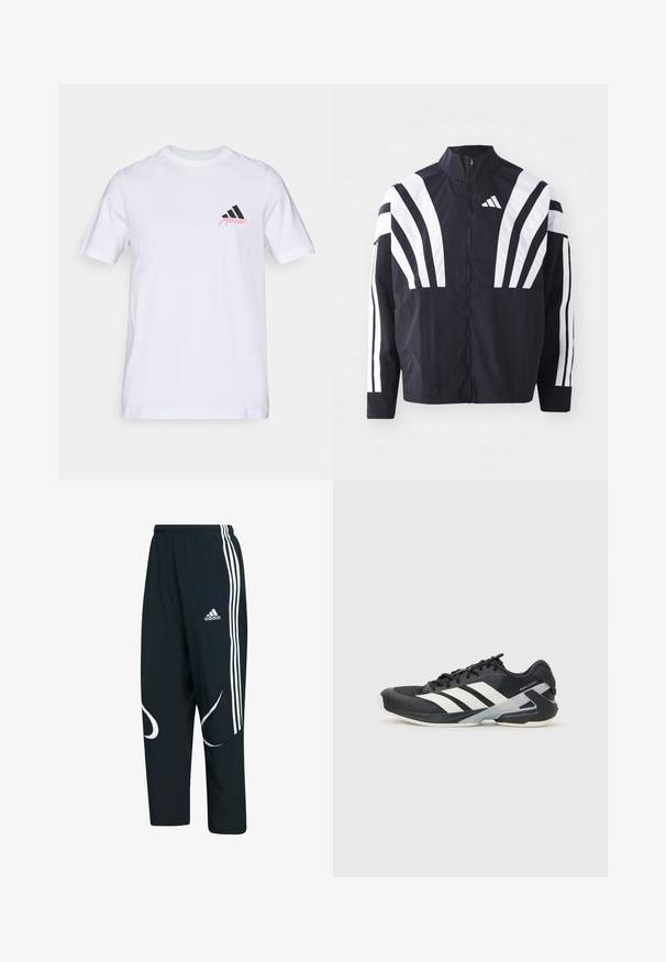 Sort jakke med højt krave, fuld lynlås og iøjnefaldende hvide diagonale striber på ærmerne. Lavet af letvægtsstof med en glat tekstur.; Hvid bomulds T-shirt med et sort tre-stribe logo og 'Merkel' i pink på venstre bryst. Klassisk rund halsudskæring og korte ærmer.; Sorte træningsbukser med hvide striber og logo, der har en løs pasform, elastisk talje og buede hvide mønstre på siderne.; Sort sportsko med hvide striber, mesh-overdel, rund tå og dæmpet sål. Har en tekstureret hæl og et sikkert snøresystem.