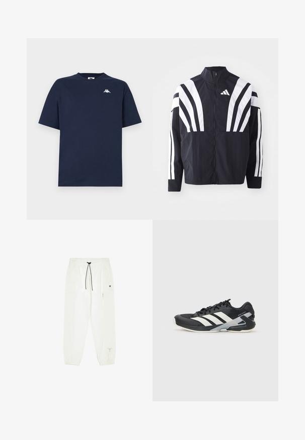Chaqueta negra con cuello alto, cremallera completa y llamativas franjas diagonales blancas en las mangas. Fabricada en tejido ligero con una textura suave.; Camiseta de manga corta azul marino con cuello redondo, con un pequeño logotipo blanco de dos figuras sentadas de espaldas en la parte superior del pecho izquierdo.; Joggers blancos y ligeros con cinturilla elástica y cordón. Presentan puños ajustados y bolsillos laterales. Decorados con un logo negro.; Zapatilla deportiva negra con franjas blancas, parte superior de malla, punta redondeada y suela acolchada. Presenta un talón texturizado y un sistema de cordones seguro.