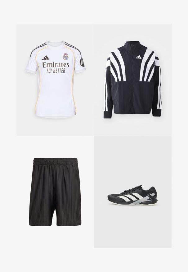 Casaco preto com colarinho alto, fecho completo e listras diagonais brancas em bold nas mangas. Feito de um tecido leve com uma textura suave.; Camisa de futebol branca feita de tecido leve, com detalhes amarelos, riscas pretas nos ombros e o logótipo da equipa no peito.; Calções pretos com um cós elástico, apresentando riscas verticais e um tecido leve e texturizado. Comprimento a meio da coxa.; Sapata atlética preta com riscas brancas, parte superior em malha, biqueira arredondada e sola acolchoada. Apresenta um calcanhar texturizado e um sistema de atacadores seguro.