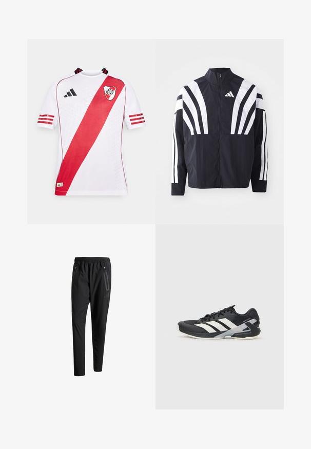 Čierna bunda s vysokým golierom, plným zipsom a výraznými bielymi diagonálnymi pruhmi na rukávoch. Vyrobená z ľahkého materiálu s hladkou textúrou.; Biela krátkorychlá športová dres s diagonálnym červeným pruhom, čiernymi akcentmi a logom na ľavej hrudi, vyrobený z priedušného materiálu.; Čierne športové nohavice s elastickým pásom, dvoma bočnými zipsovými vreckami, zužujúcimi sa nohavicami a nenápadným detailom loga na bokoch.; Čierna športová obuv s bielymi pruhmi, sieťovinový zvršok, zaoblená špička a polstrovaná podrážka. Obsahuje štruktúrovaný opätok a bezpečný systém šnurovania.