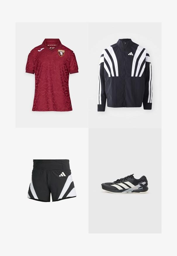 Giacca nera con colletto alto, zip completa e audaci strisce diagonali bianche sulle maniche. Realizzata in tessuto leggero con una texture morbida.; Maglia rossa con un sottile motivo testurizzato, caratterizzata da un colletto classico e il logo del Torino FC sul petto. Maniche corte e tessuto traspirante.; adidas Performance ADIZERO A M - Pantaloncini sportivi - black; Scarpa sportiva nera con strisce bianche, tomaia in rete, punta arrotondata e suola ammortizzata. Presenta un tallone testurizzato e un sistema di allacciatura sicuro.