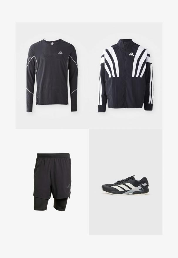 Black jacket featuring a high collar, full zip, and bold white diagonal stripes on sleeves. Made from lightweight fabric with a smooth texture.; adidas Performance TEE - Long sleeved top - black; Black athletic shorts with integrated inner layer, made from breathable fabric. Features subtle logo and structured texture. Adjustable waistband.; Black athletic shoe with white stripes, mesh upper, rounded toe, and cushioned sole. Features a textured heel and secure lacing system.