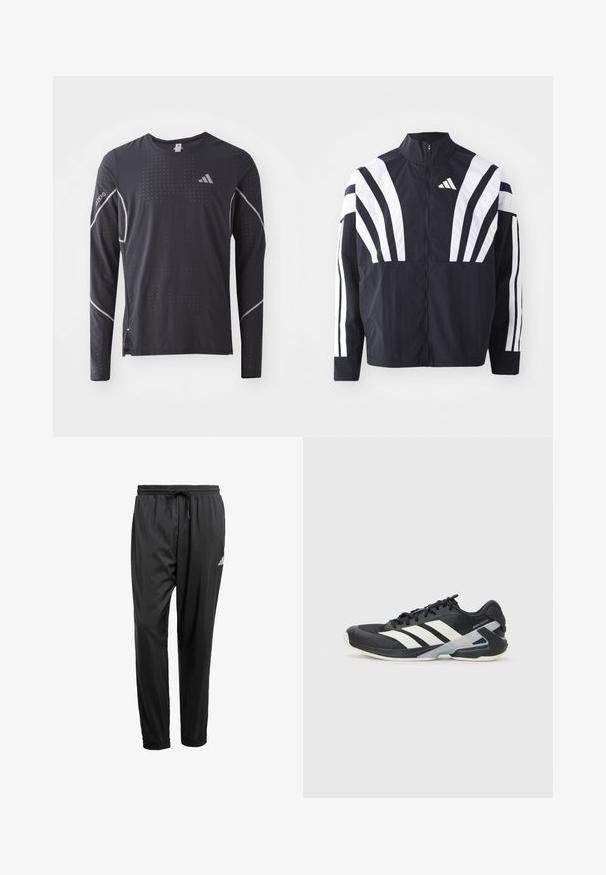 Sort jakke med højt krave, fuld lynlås og iøjnefaldende hvide diagonale striber på ærmerne. Lavet af letvægtsstof med en glat tekstur.; adidas Performance TEE - Langærmet T-shirt - black; Sorte træningsbukser med elastisk talje, snøre, opkrøllede ankler og et lille hvidt logo på højre lår.; Sort sportsko med hvide striber, mesh-overdel, rund tå og dæmpet sål. Har en tekstureret hæl og et sikkert snøresystem.