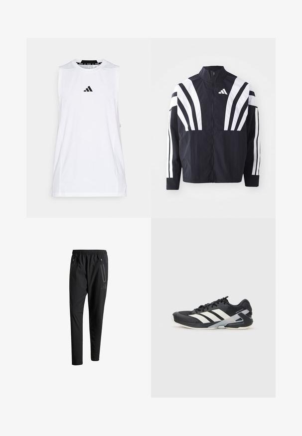 Jachetă neagră cu guler înalt, fermoar complet și dungi diagonale albe îndrăznețe pe mâneci. Fabricată dintr-un material ușor, cu o textură netedă.; adidas Performance TANK - Top - white; Pantaloni atletici negri cu talie elastică, două buzunare laterale cu fermoar, picioare conice și un detaliu logo discret pe șold.; Pantofii sport negri cu dungi albe, superior din plasă, vârf rotunjit și talpă îmbunătățită pentru amortizare. Au o călcătură texturată și un sistem de șireturi securizat.