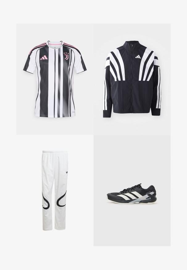Veste noire avec un col montant, fermeture éclair sur toute la longueur et de larges rayures blanches diagonales sur les manches. Fabriquée en tissu léger avec une texture lisse.; Maillot de football Juventus avec des rayures verticales noires et blanches, accents roses sur les manches et le logo, fabriqué en matériau léger et respirant.; Pantalons de sport blancs avec une texture lisse, présentant des motifs courbés noirs sur les côtés et un logo noir près de la taille.; Chaussure de sport noire avec des rayures blanches, tige en mesh, bout arrondi et semelle rembourrée. Comprend un talon texturé et un système de laçage sécurisé.
