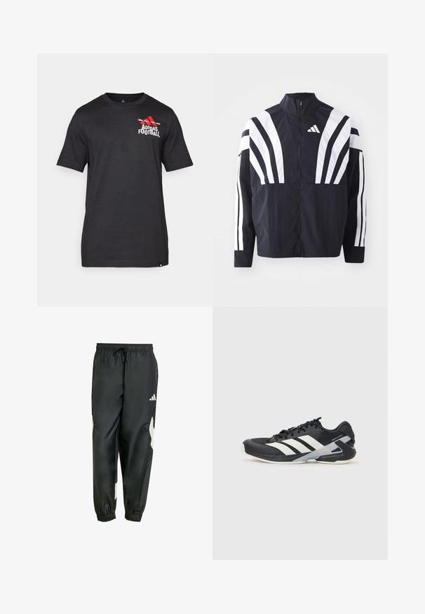 Chaqueta negra con cuello alto, cremallera completa y llamativas franjas diagonales blancas en las mangas. Fabricada en tejido ligero con una textura suave.; Camiseta de manga corta negra de algodón, con un logo rojo de Adidas y el texto "Football" en la parte izquierda del pecho. Textura suave.; Pantalones deportivos negros con cintura elástica, cordón ajustable y acentos laterales blancos. Fabricados en un material suave y ligero.; Zapatilla deportiva negra con franjas blancas, parte superior de malla, punta redondeada y suela acolchada. Presenta un talón texturizado y un sistema de cordones seguro.