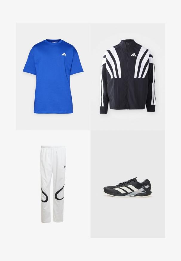 Jachetă neagră cu guler înalt, fermoar complet și dungi diagonale albe îndrăznețe pe mâneci. Fabricată dintr-un material ușor, cu o textură netedă.; Tricou din bumbac albastru cu mânecă scurtă, guler rotund și un logo alb accent pe partea stângă a pieptului. Textură netedă, croială regulată.; Pantaloni sportivi albi cu o textură netedă, având desene curbate negre pe laterale și un logo negru aproape de talie.; Pantofii sport negri cu dungi albe, superior din plasă, vârf rotunjit și talpă îmbunătățită pentru amortizare. Au o călcătură texturată și un sistem de șireturi securizat.