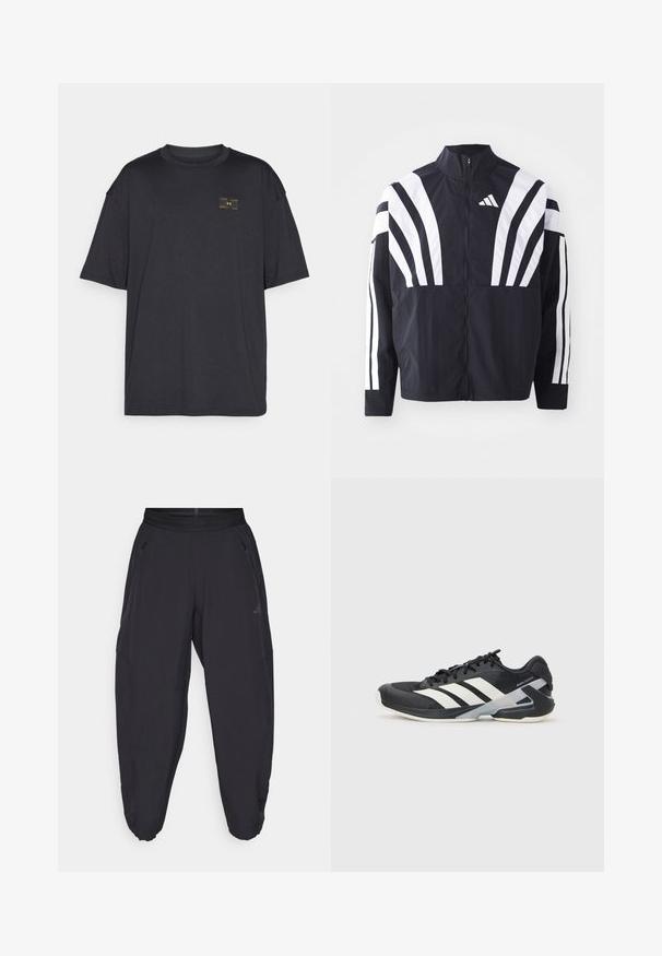 Črna jakna z visokim ovratnikom, popolnim zadrgo in boldnimi belimi diagonalnimi črtami na rokavih. Narejena iz lahkega materiala z gladko teksturo.; Črna majica s kratkimi rokavi, izdelana iz gladkega blaga, z majhnim rumenim logotipom na prsih. Oblikovanje je sproščeno s krožnim izrezom.; Črne atletske hlače z elastiko v pasu, z žepi na zadrgo, ozkimi nogavicami in diskretnim logotipom na desnem stegnu.; Črne atletske čevlje z belimi črtami, mrežastim zgornjim delom, zaobljenim nosom in blaženim podplatom. Imajo teksturiran petni del in varen sistem vezalk.