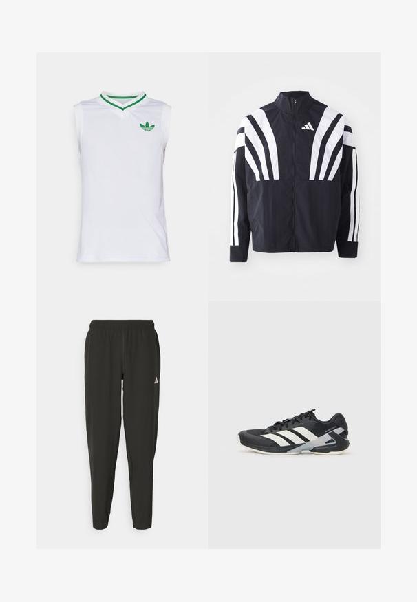 Black jacket featuring a high collar, full zip, and bold white diagonal stripes on sleeves. Made from lightweight fabric with a smooth texture.; Sleeveless white athletic top with a v-neck, green collar accents, and a small green logo on the chest. Mesh texture for breathability.; Black athletic pants with an elastic waistband, slim fit, and white logo on the left leg. Smooth, lightweight fabric.; Black athletic shoe with white stripes, mesh upper, rounded toe, and cushioned sole. Features a textured heel and secure lacing system.