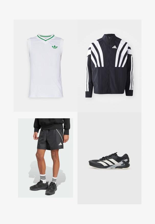 Svart jacka med hög krage, full dragkedja och djärva vita diagonala ränder på ärmarna. Tillverkad av lätt tyg med en slät struktur.; Ärmlös vit tränings-topp med V-ringning, gröna krage-accenter och en liten grön logotyp på bröstet. Nätstruktur för bättre andningsförmåga.; Svarta idrottsshorts med ett vitt diagonalt streck och Adidas-logotyp. Bärs med svarta sneakers och vita strumpor med tre svarta ränder.; Svart atletisk sko med vita ränder, mesh-övre, rund tå och dämpad sula. Har en strukturerad häl och ett säkert snörningssystem.