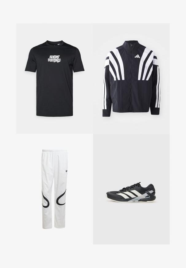 Čierna bunda s vysokým golierom, plným zipsom a výraznými bielymi diagonálnymi pruhmi na rukávoch. Vyrobená z ľahkého materiálu s hladkou textúrou.; Čierne tričko vyrobené z bavlny; okrúhly výstrih; krátke rukávy; na prednej strane sa nachádza biele logo Adidas Football.; Biele športové nohavice s hladkou textúrou, s čiernymi zakrivenými vzormi po stranách a čiernym logom blízko pásu.; Čierna športová obuv s bielymi pruhmi, sieťovinový zvršok, zaoblená špička a polstrovaná podrážka. Obsahuje štruktúrovaný opätok a bezpečný systém šnurovania.