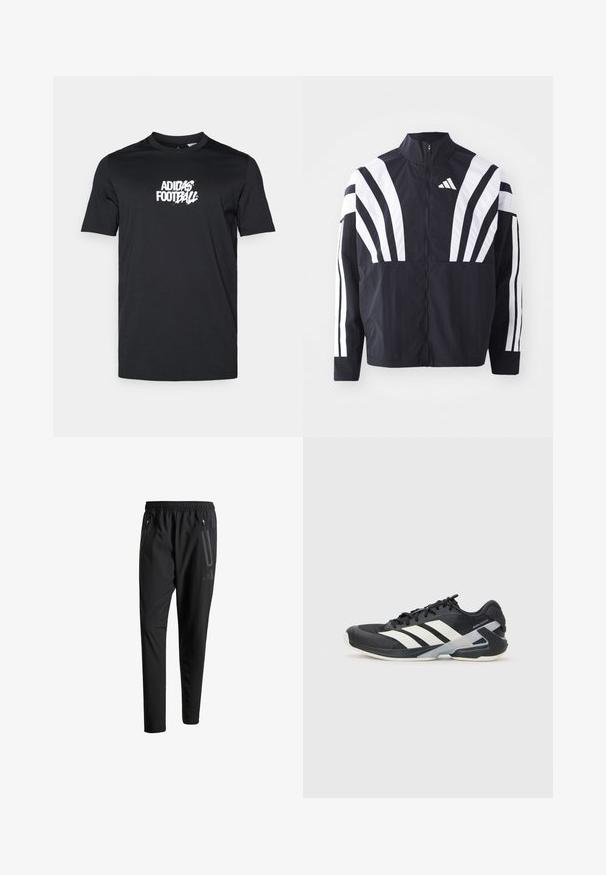 Jachetă neagră cu guler înalt, fermoar complet și dungi diagonale albe îndrăznețe pe mâneci. Fabricată dintr-un material ușor, cu o textură netedă.; Tricou negru din bumbac; guler rotund; mâneci scurte; prezintă un logo alb Adidas pentru fotbal pe față.; Pantaloni atletici negri cu talie elastică, două buzunare laterale cu fermoar, picioare conice și un detaliu logo discret pe șold.; Pantofii sport negri cu dungi albe, superior din plasă, vârf rotunjit și talpă îmbunătățită pentru amortizare. Au o călcătură texturată și un sistem de șireturi securizat.