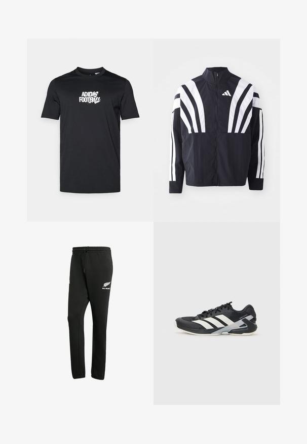 Zwarte jasje met een hoge kraag, volledige rits en gedurfde witte diagonale strepen op de mouwen. Gemaakt van lichtgewicht stof met een gladde textuur.; Zwarte T-shirt gemaakt van katoen; ronde halslijn; korte mouwen; heeft een wit adidas voetbal logo op de voorkant.; Zwarte sweatpants van een katoenmix, met een elastische tailleband en trekkoord, en een wit "All Blacks" logo op het linkerbeen.; Zwarte sportschoen met witte strepen, bovenwerk van mesh, ronde neus en geveerde zool. Heeft een getextureerde hak en een veilig vetersysteem.