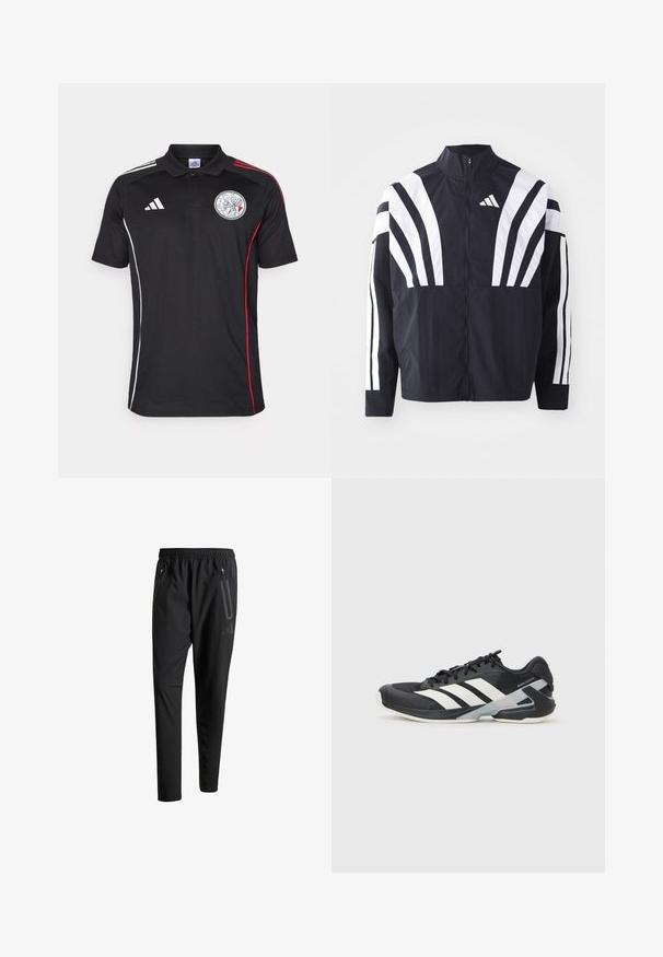 Mustrün mustaga, kõrge krae, täispikk tõmblukk ja julged valged diagonaalsed triibud varrukatel. Valmistatud kergest kangast, millel on sile tekstuur.; Mustmust särk musta värviga, valgete ja punaste külgtriipudega, valge Adidas'i logo ja ringikujuline embleem. Valmistatud siledast kangast, varustatud krae ja kolme nööbiga.; Mustavad spordipüksid elastse vöökoha, kahe tõmblukuga küljetasku, kitsenevate säärete ning õrna logodetailiga puusadel.; Mustad sportlik jalanõud mustade värvidega, valgete triipudega, võrgusilma pealmine osa, ümar varvas ja pehme tallaga. Omab tekstureeritud kontsa ja kindlat paeltesüsteemi.