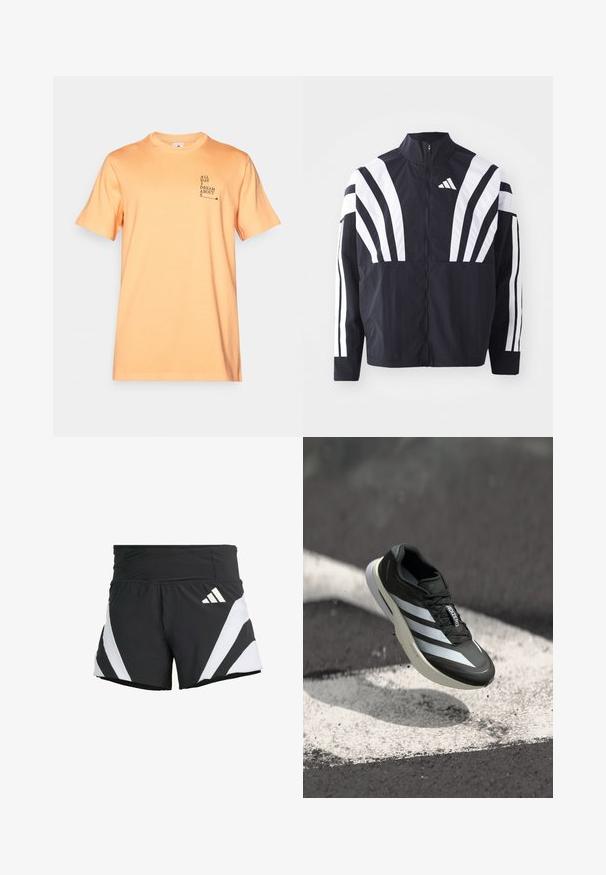 Casaco preto com colarinho alto, fecho completo e listras diagonais brancas em bold nas mangas. Feito de um tecido leve com uma textura suave.; T-shirt de algodão laranja com mangas curtas, decote redondo e design de texto na frente: "O DIA TODO SONHO COM S." Textura suave, ajuste casual.; adidas Performance ADIZERO A M - Calções desportivos - black; Sapatilha atlética preta com três riscas brancas, upper texturizado, design elegante e sola curva, posicionada acima de uma linha branca em asfalto.