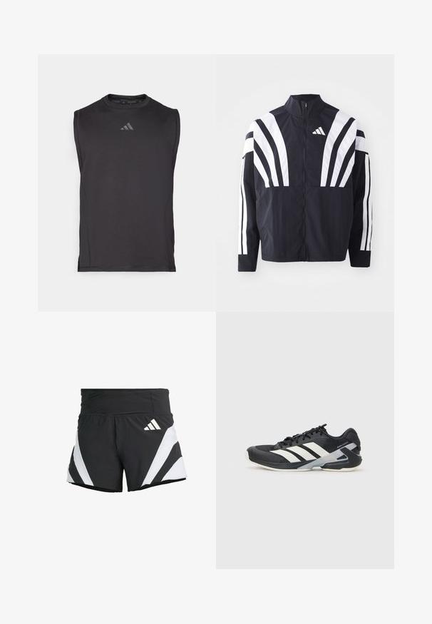 Zwarte jasje met een hoge kraag, volledige rits en gedurfde witte diagonale strepen op de mouwen. Gemaakt van lichtgewicht stof met een gladde textuur.; Zwarte mouwloze sportshirt van soepel stof, met een ronde halslijn en subtiele logo-details op de voorkant.; adidas Performance ADIZERO A M - Korte broeken - black; Zwarte sportschoen met witte strepen, bovenwerk van mesh, ronde neus en geveerde zool. Heeft een getextureerde hak en een veilig vetersysteem.