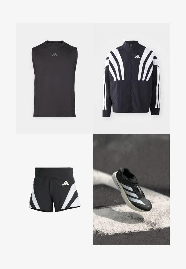 Black jacket featuring a high collar, full zip, and bold white diagonal stripes on sleeves. Made from lightweight fabric with a smooth texture.; Black sleeveless athletic shirt made of smooth fabric, featuring a round neckline and subtle logo detail on the front.; adidas Performance ADIZERO A M - Sports shorts - black; Black athletic shoe featuring three white stripes, textured upper, sleek design, and a curved sole, positioned above a white line on asphalt.